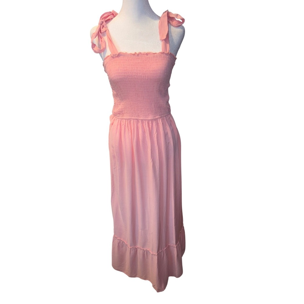 ZESICA Pink Smocked Shirred Bodice Maxi Dress Tie Shoulder Ruffle Hem M